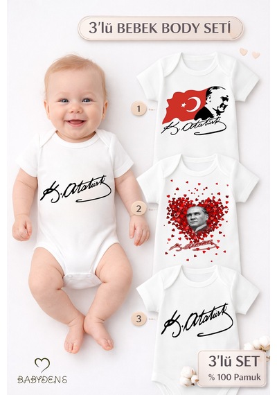 Babyden's Atatürk İmzalı 3 Lü Bebek Body Seti %100 Pamuk, Kısa Kollu,unisex Bebek Zıbın Beyaz