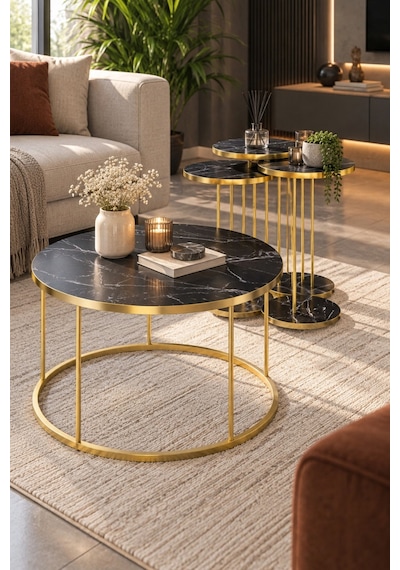 Sulorahome Siyah Mermer Desenli Gold Metal Ayaklı 4'lü Sehpa Seti Altın - Siyah