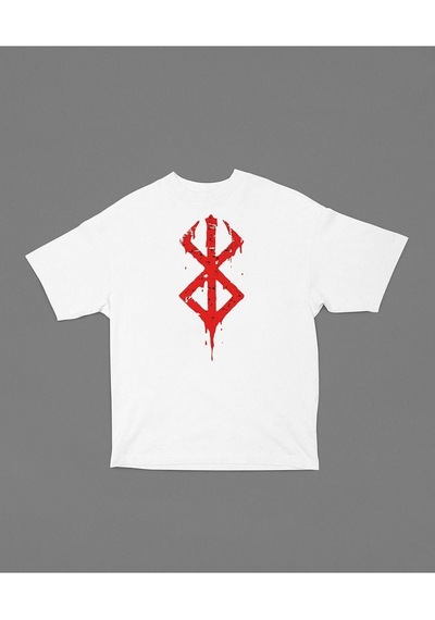 Berserk Logo Baskılı Unisex Tişört, Oversize Anime Dizi Baskılı T Beyaz