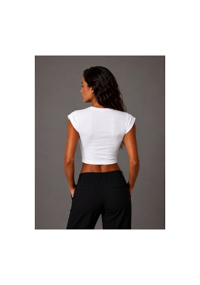 Parshey Kadın Crop Body Kısa Kollu Slim Fit Basic Crop Top Bisiklet Yaka Bluz Beyaz