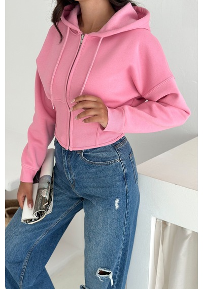 Kadın Siyah Fermuarlı Hoodie Minimal Sokak Ruhuyla Pembe