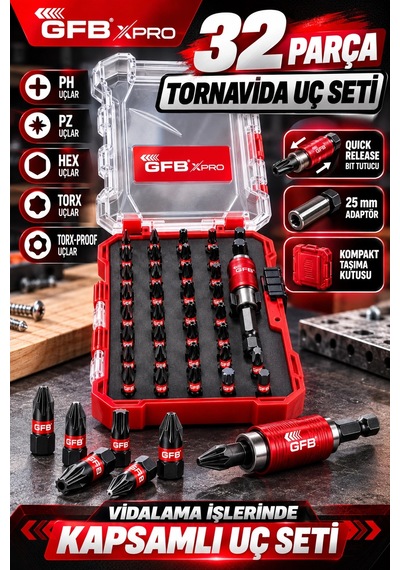 Gfb Xpro 32 Parça Tornavida Uç Seti Quick Release Bit Tutuculu, Ph/pz/hex/torx/torx-proof Uçlu Kom