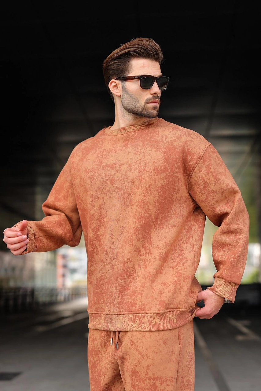Madmext Kahverengi Bisiklet Yaka Batik Desenli Erkek Sweatshirt Pantolon Takım E7344 Kahverengi
