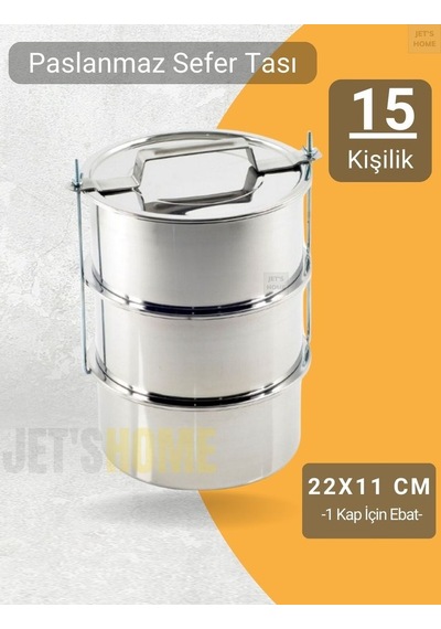 3 Lü Sefer Tası 22x11 Cm Yemek Taşıma Kabı Paslanmaz Çelik No:6 Kapasite 15 Kişilik Gri