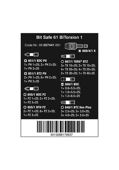 Wera Bit-Safe 61 Bi-Torsion Bits Seti 1 05057441001