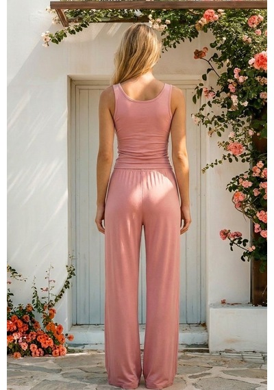 Siyah İnci Geniş Askılı Viskon Örme Pijama Takım 8012 Koyu Somon