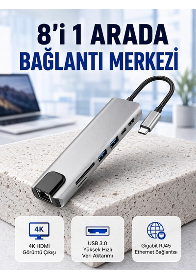 Mey İthalat Seyahat Dostu 8 İn 1 Hub Şarj & Veri & Video & Ağ İçin Eksiksiz Çözüm Kopya