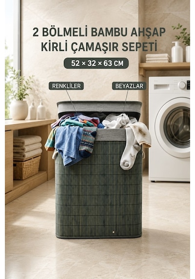 100 Litre Bambu Kirli Çamaşır Sepeti 2 Bölmeli Modern Tasarım Çamaşır Sepeti Beyaz Renkli Ayrı Gri