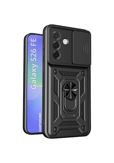 Samsung Galaxy Uyumlu S26 Fe Uyumlu Tank Kılıf Yüzüklü Extra Darbe Koruma Zırhlı Outdoor Kapak Siyah