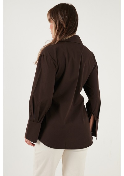 Lela Regular Fit Klasik Yaka Bağlamalı Uzun Kollu Bayan Gömlek 6834987 Kahve