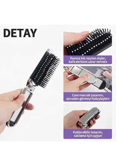 Mini Katlanabilir Aynalı Tarak Saç Fırçası Pratik Taşınabilir Her Saça Uygun Aynası Çıkabilen Belirtilmemiş