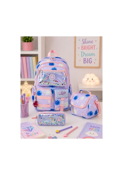 Love Valice 3'lü Set Kız Çocuk İlkokul Okul Çantası Ortopedik Sırt Destekli Beslenme Çantalı Kalemlikli Pullu Mor-lacivert