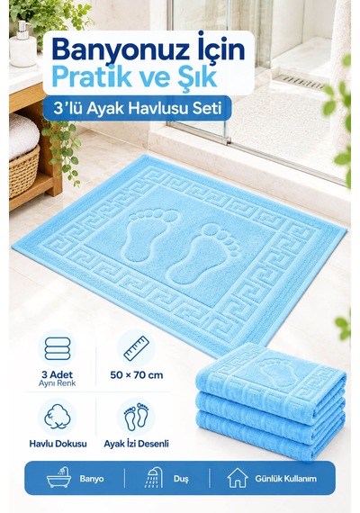 3'lü Banyo Ayak Havlusu 50x70 Cm 250 Gr Footera Mavi