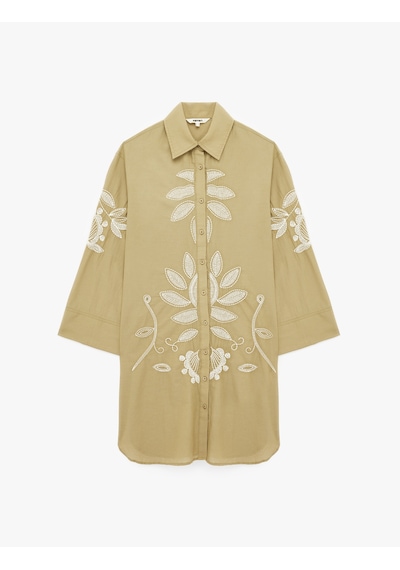 Koton Pamuklu Uzun Kollu Floral Dokulu Nakış Detaylı Oversize Uzun Gömlek Tunik Ekru Desenli 6sak60012ew