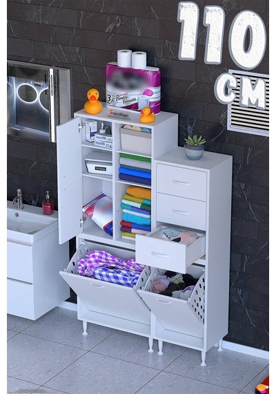 Atlas 110 Cm Sepetli Çekmeceli Banyo Ve Kiler Dolabı Beyaz 60+50 X160x32,5 Cm