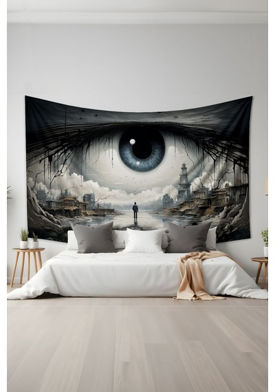Gözün İçindeki Dünya Desenli Duvar Halısı Duvar Örtüsü Tapestry Süet Dokulu Kumaş