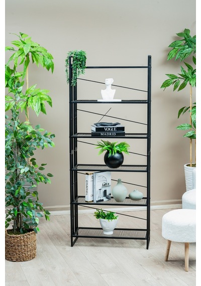 6 Raflı Metal Kitaplık, Modern Dekoratif Raf Ünitesi, Salon Ve Ofis İçin Dosya Dolabı Standı Siyah