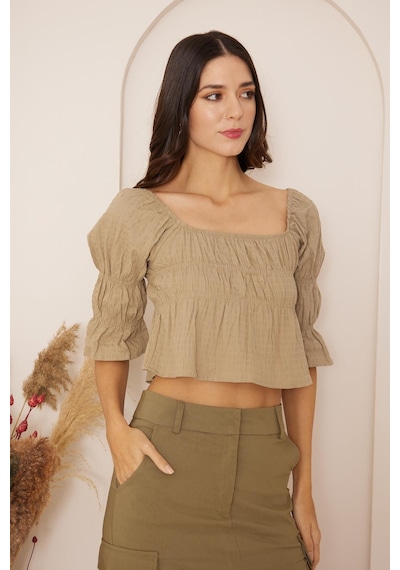 Darlin Moda Haki Büzgülü Crop Bluz Dm7001