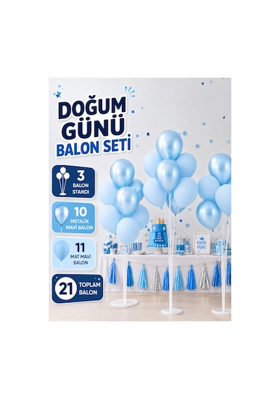 21 Balonlu Doğum Günü, Kutlama, Parti Balon Seti - 3 Adet Balon Standı - 21 Balon Adet Balon - Parti Süsleme - Bebek Partileri Mavi