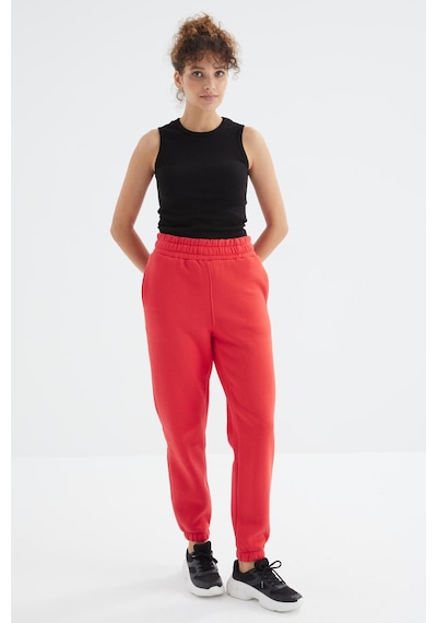 Tommy Life Fiesta Yüksek Bel Şardonlu 3 İplik Pamuklu Basic Kadın Eşofman Alt - 94624 Kırmızı