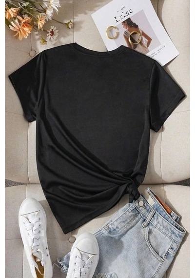 Unisex Pamuklu Ön Baskılı Papatya Kelebek Baskılı Kısa Kol T-shirt SIYAH