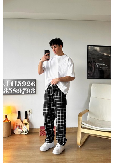 Flaw Beli Lastikli Ekose Desenli Pijama Siyah Siyah