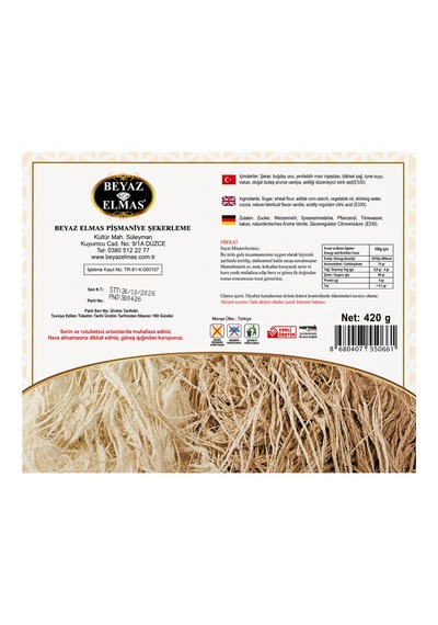 Beyaz Elmas Açık Tel Pişmaniye 400 Gr - %100 Doğal Pancar Şekerinden Üretilmiştir - Geleneksel Türk Pişmaniyesi - Tel Helva