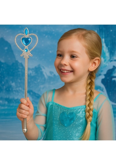 Frozen Elsa Temalı Mavi Kalp Taşlı Sihirli Asa Kız Çocuk Kostüm Aksesuarı - 31 Cm