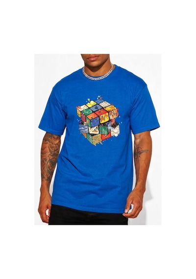 Kübik İllüstrasyon Tasarım Baskılı Kompact T-shirt Mavi
