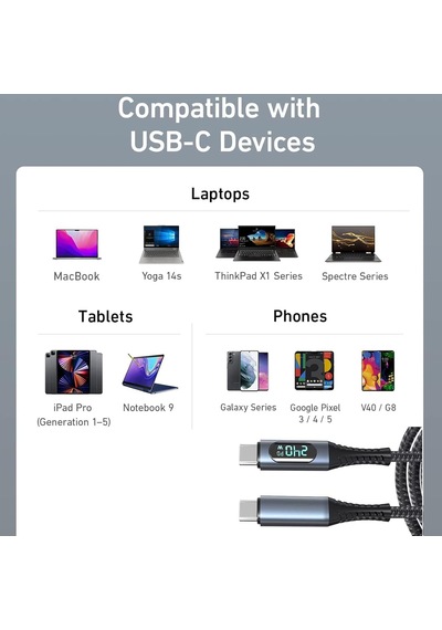 240w Usb 4.0 Kablosu, Led Ekranlı, Tunderbolt 40gbps 8k 60hz Pd Tip C Kablosu, Usb C - Usb C Erkek - Erkek Kablo Kablosu Bilgisayar Type-c Laptop Pad Hub İçin 1 Metre Zr850