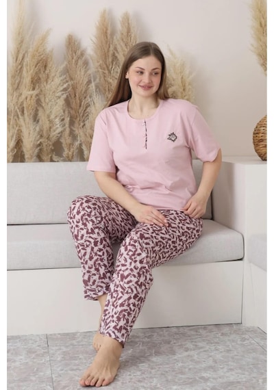 Sude Kadın Büyük Beden Düğme Yaka Penye Kısa Kol İnce Pijama Takımı P146 - 1 Adet Pembe