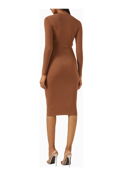Elit Elisabetta Franchi Ribbed Chest Pocket V Yaka Logo Düğmeli, Triko Midi Elbise Abiye Bej 44