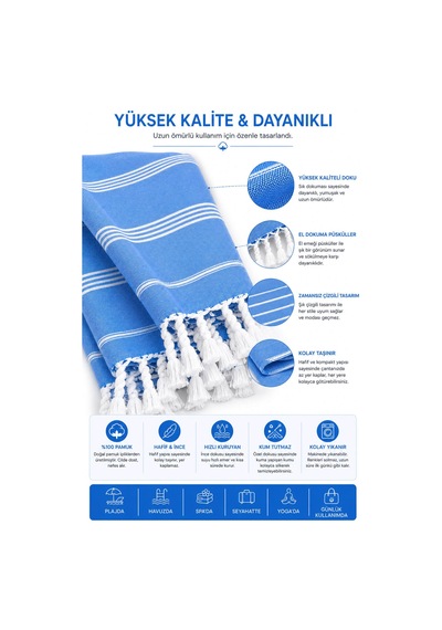 Sultan Peştemal Havlu 100 Pamuklu Deniz Plaj Banyo Peştemali 100x180 Cm Mavi