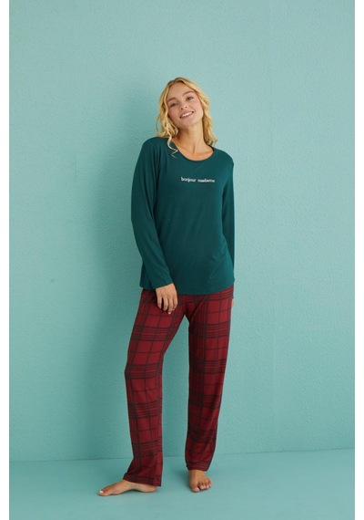 Mihra Kadın Pijama Takımı Uzun Kol Kışlık Yeşil
