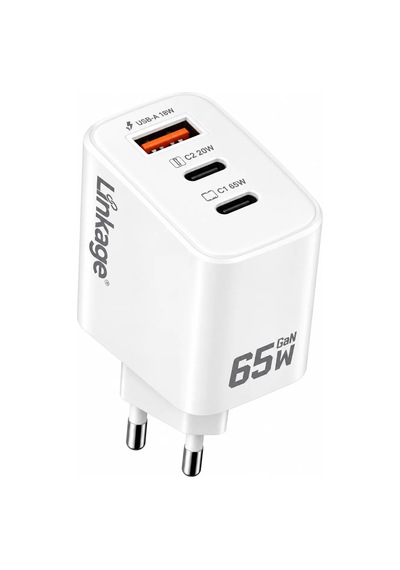 Linkage Lkc-61 Gan 65w Hızlı Şarj Adaptörü - 3 Çıkışlı 2x Usb-c Pd + 1x Usb-a Akıllı Güç Dağıtımlı Laptop, Tablet Ve Telefon Şarj Cihazı, Beyaz