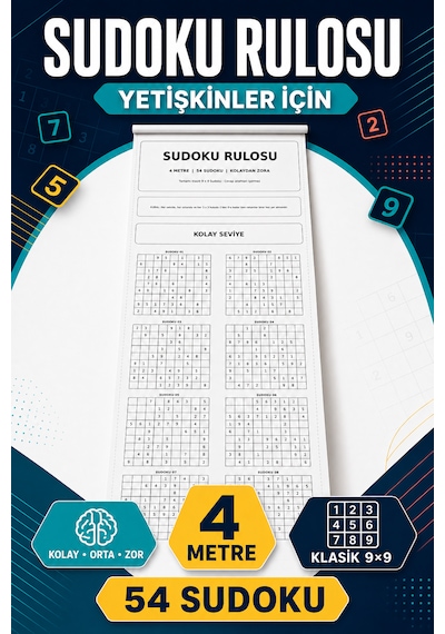 Haydi Dekor Sudoku Rulosu 30 Cm 4 Metre Yetişkinler Için 54 Adet Klasik 9 9 Sudoku Kolay, Orta Ve Zor Seviye Zihin Egzersizi Ve Bulmaca Rulosu 1 Adet
