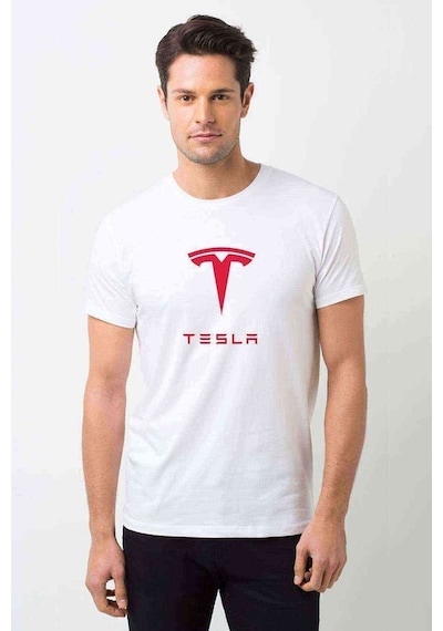Tesla Motors Logo Baskılı Beyaz Erkek Tshirt