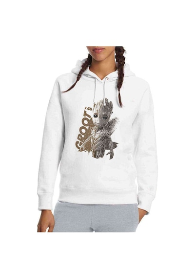 I Am Groot Brush Baskılı Beyaz Kadın Kapşonlu Sweatshirt