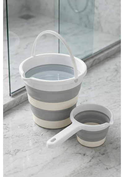 Katlanır Silikon Kova Ve Maşrapa Seti 12 Litre Yer Kaplamayan Kamp Banyo Ev Bahçe Kovası Açık Gri