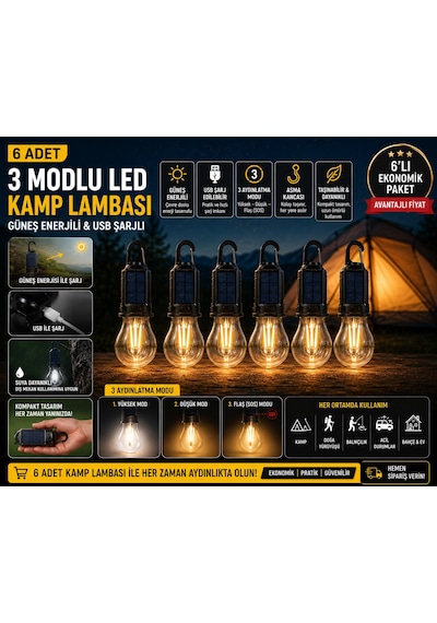 6 Adet Güneş Enerjili Usb Şarjlı 3 Modlu Led Asma Kancalı Taşınabilir Kamp Feneri Aydınlatma Lambası Çok Renkli