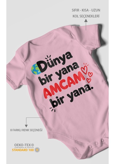 Morivokids Dünya Bir Yana, Amcam Bir Yana Kısa Kollu Bebek Body %100 Pamuk Koyu Pembe
