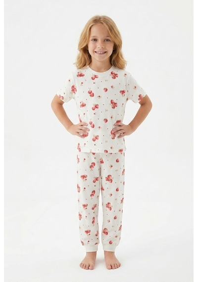 Bunny Hopp Kız Çocuk Pijama Takımı %100 Pamuk Çilek Desenli Yazlık Kısa Kollu Beyaz