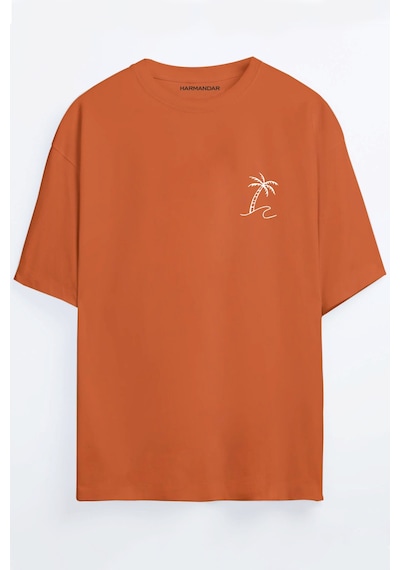 Palmiye Baskılı Unisex Oversize T-shirt Turuncu