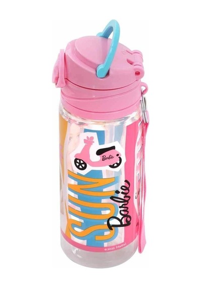 Pembe Barbie Şeffaf Matara 500ml - Çocuk Suluk, Matara, Suluk Pipetli Suluk, Askılı Suluk