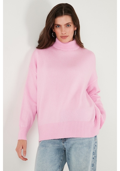 Lela Premium Oversize Fit Balıkçı Yaka Yumuşak Dokulu Triko Bayan Kazak 680Kz00469 Şeker Pembe