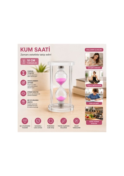 1 Adet Cam Standlı Kum Saati Küçük Boy 10 Cm, Pembe Kum, Dekoratif Masaüstü Zamanölçer, Sand Timer, Hourglass Diğer