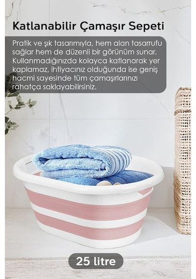 4'lü Set - 90 Lt Bölmeli Kirli Çamaşır Sepeti Katlanabilir Sepet Akordiyon Su Kovası Maşrapa Pembe Pembe