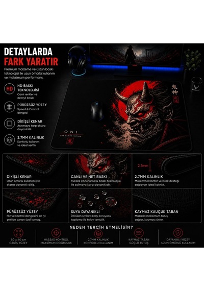 Baskılı Dijital Tasarımlı Oyuncu Mouse Pad, Kaymaz Taban, Dikişli Gaming Mouse Pad Oni 50x40 Cm
