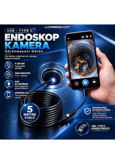 5 Metre Scope Pro Endoskop Yılan Kamera Ip67 Su Geçirmez Boroskop / Type-c & Usb Uyumlu - Android