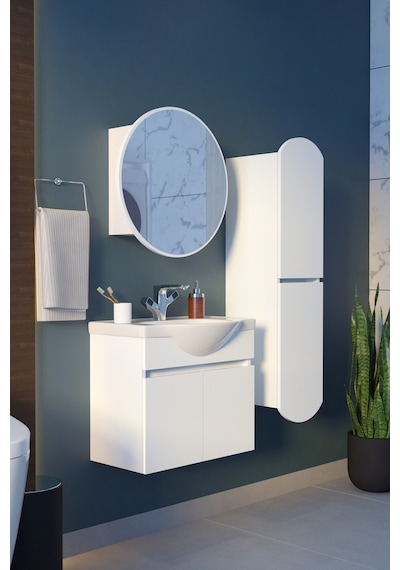 Makbulce Erciyes Havlu Dolaplı 65cm Seramik Lavabolu Mdf Oval Aynalı Banyo Dolabı Beyaz